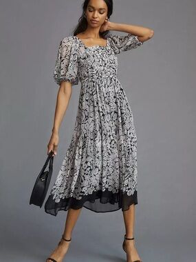 Anthropologie Squareneck Smocked Midi Dress